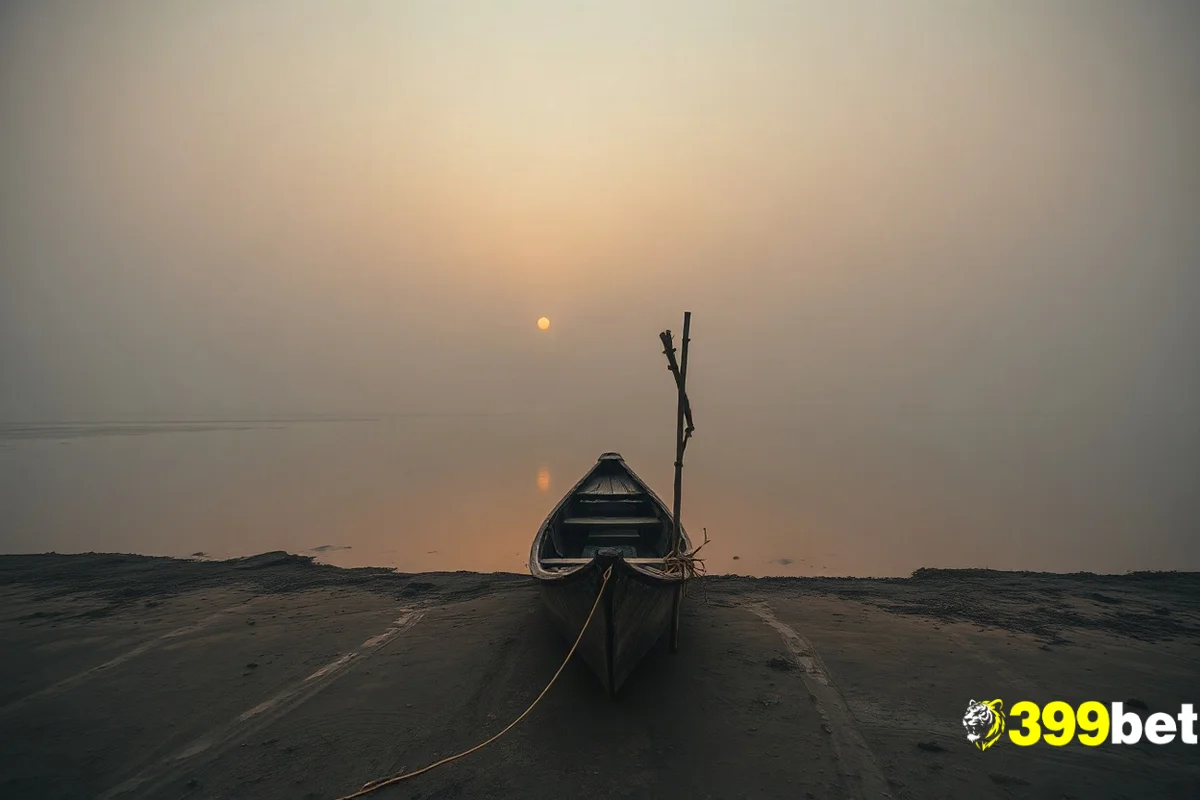 সন্ধ্যায় কাদামাটি নদীর তীরে বাঁশের খুঁটিতে বাঁধা ছোট নৌকা, কুয়াশাচ্ছন্ন শান্ত পরিবেশ।
