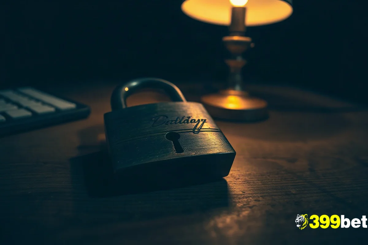 কাঠের ডেস্কে পড়ে থাকা ভারী পিতলের তালা, ডেস্ক ল্যাম্পের আলোয় চাবির ছিদ্র স্পষ্ট, গভীর ছায়া।