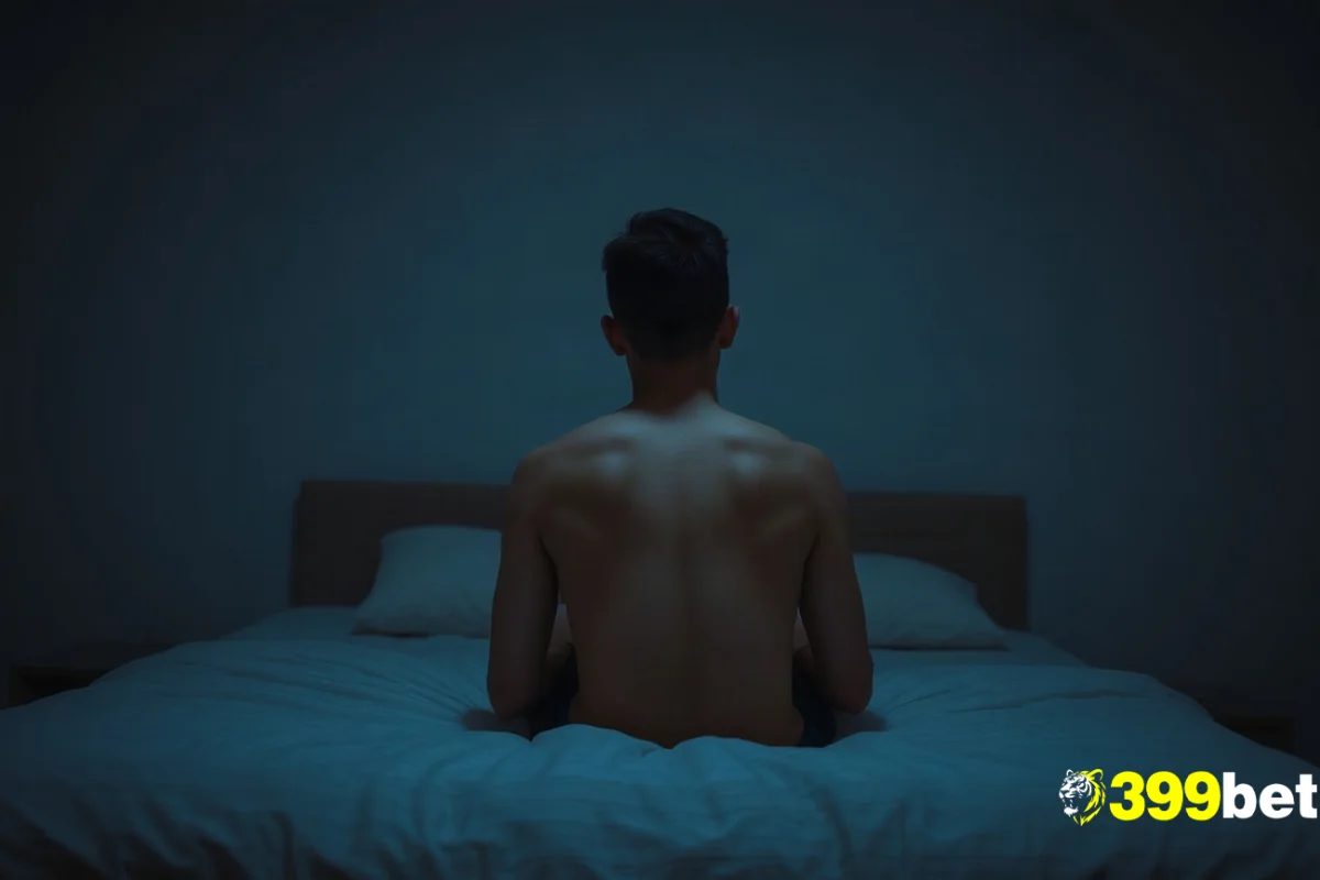 বিছানায় বসে ফোন ব্যবহার করা একজন তরুণের পেছনের দৃশ্য, ঘরটি আবছা আলোয় আলোকিত।