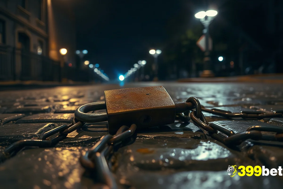 মরিচা ধরা চেইনের উপর একটি ভারী ইস্পাত তালা, রাতে ভেজা পাথরের উপর, ঠান্ডা নীল আলোয় আলোকিত।