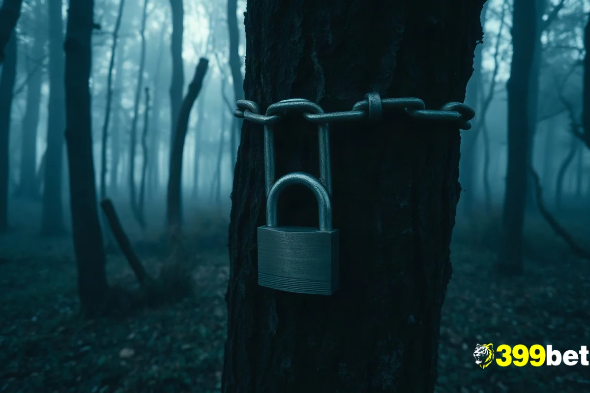 একটি বন্ধ তালা গাছের গুঁড়িতে শিকল দিয়ে জড়ানো, নিরাপত্তা ও সতর্কতার প্রতীক