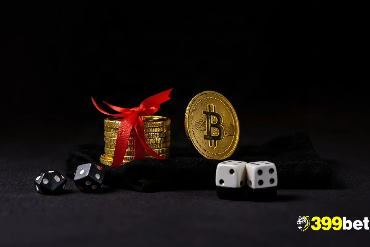 লাল ফিতায় বাঁধা সোনার কয়েনের স্তূপ ও পাশা, নাটকীয় আলোয় সাজানো স্থিরচিত্র